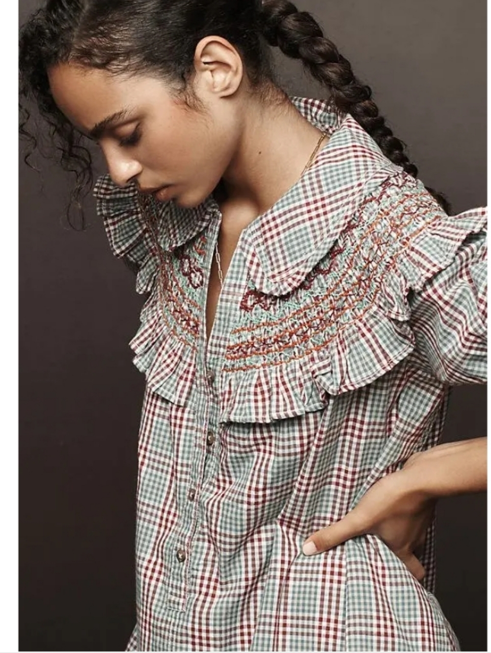 PILCRO ANTHROPOLOGIE v Neck Puff Sleeve Cottagecore Dress Boho Babydoll Plaid Y2 - Picture 3 of 16